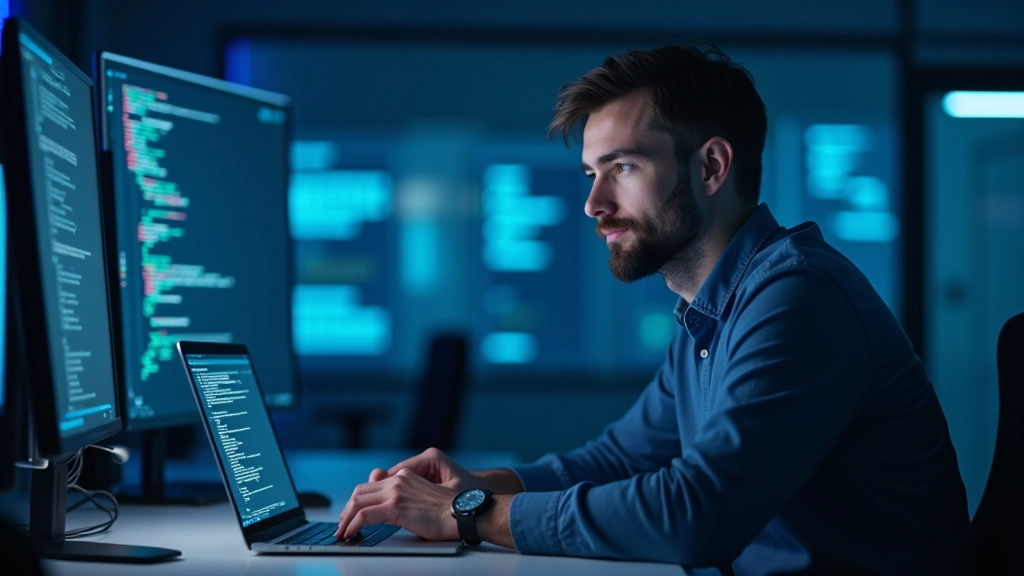 Inžinierius ar data scientist dirba su kompiuteriu, kuriame matosi Python kodas ir mašinio mokymosi bibliotekos